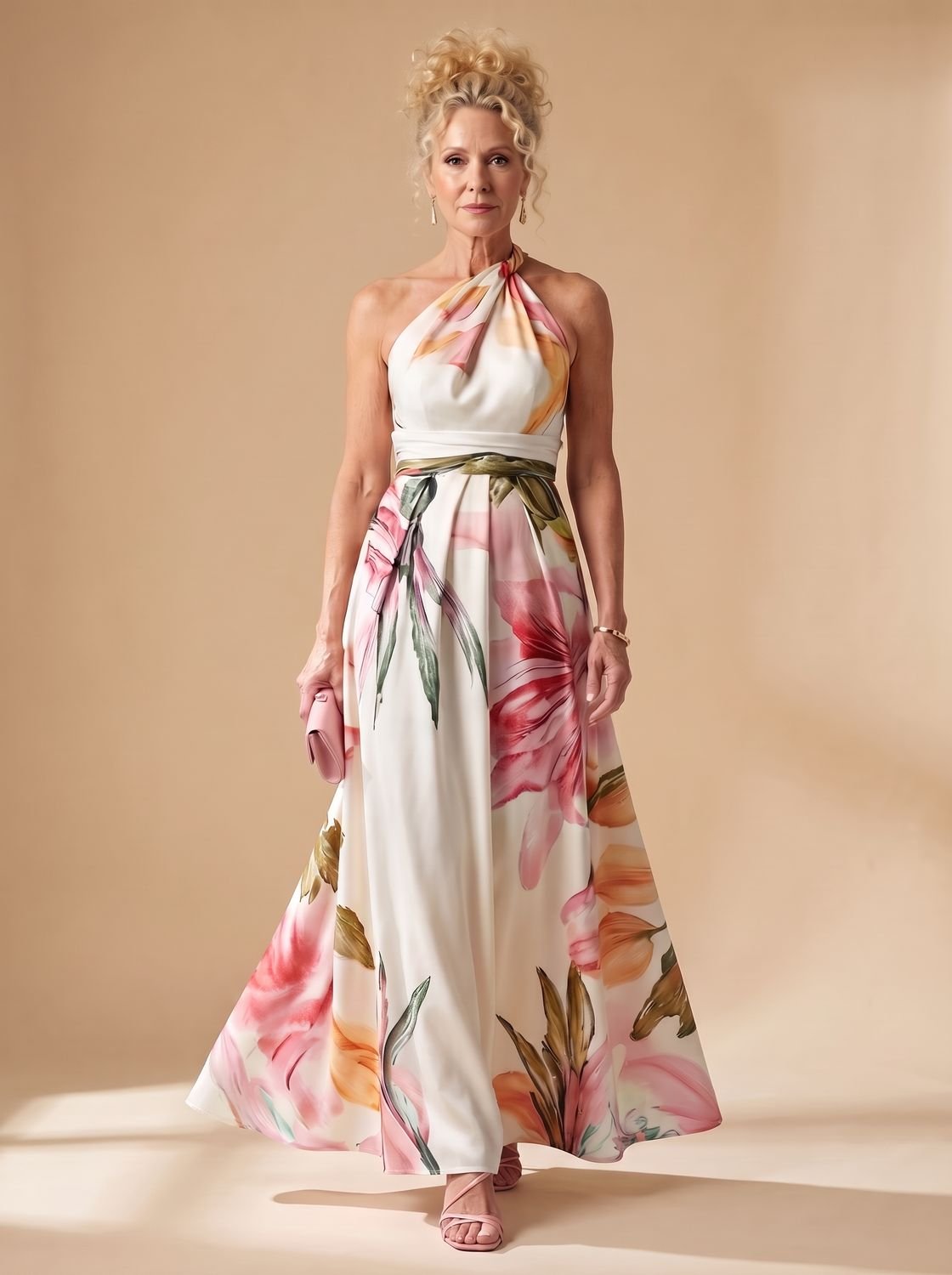 Women's Light Floral Halter-Neck Maxi Dress