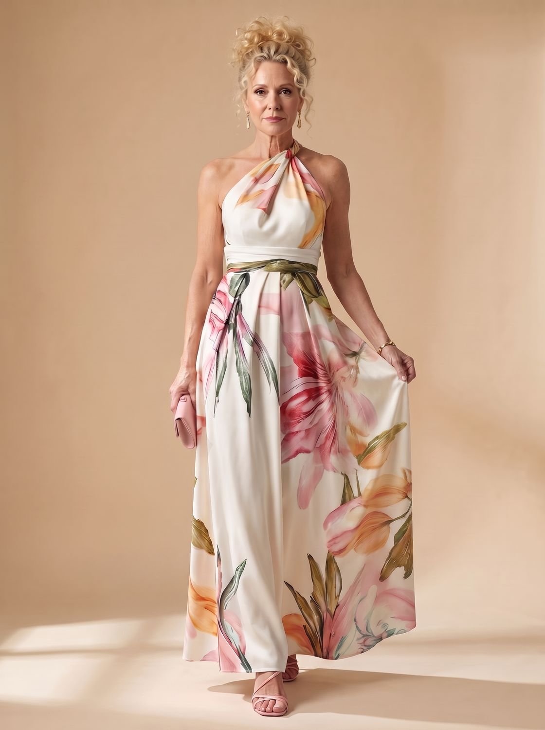 Women's Light Floral Halter-Neck Maxi Dress