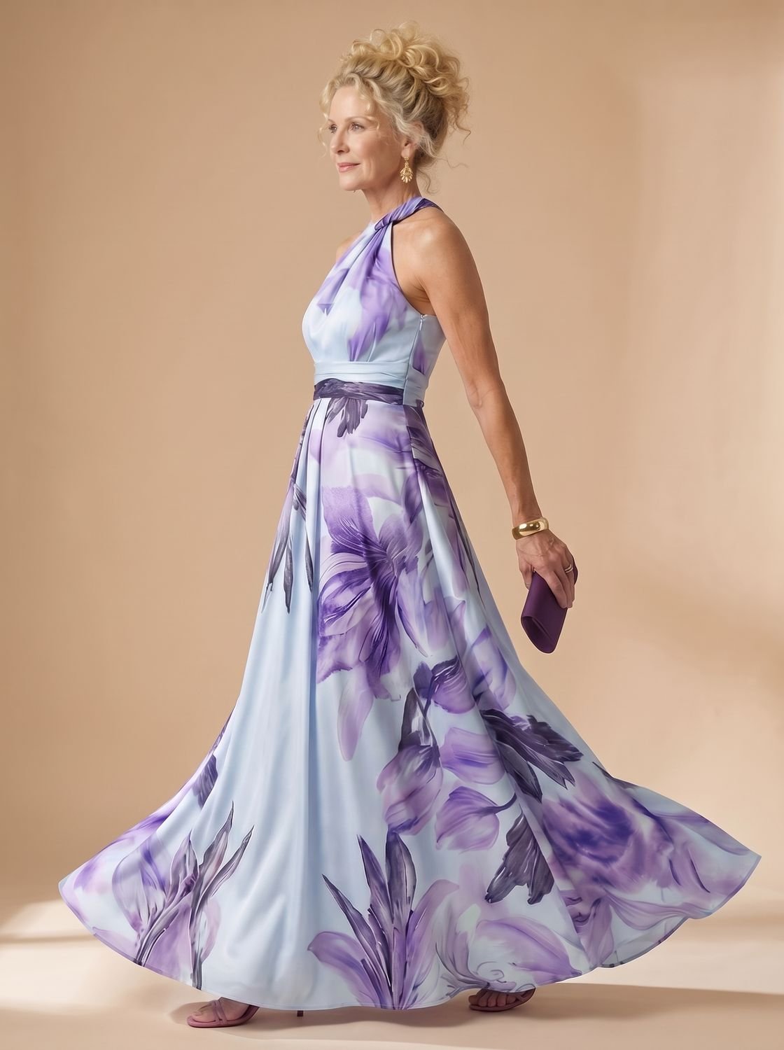 Women's Light Floral Halter-Neck Maxi Dress