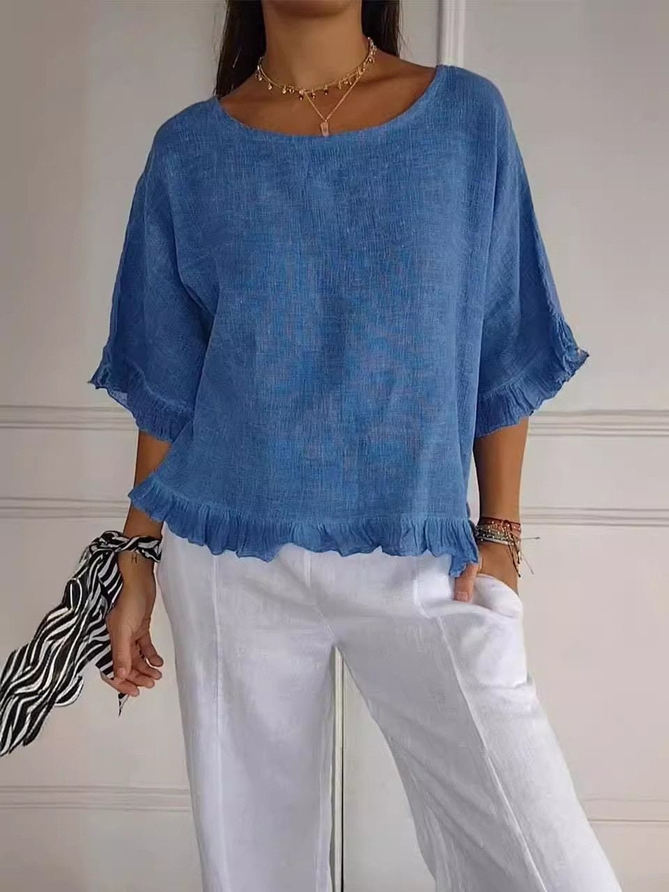 Women's Lightweight Fringe-Detail Casual Blouse - Blue (Almost sold out)