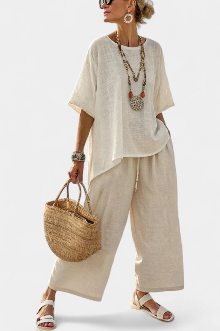 Women's Linen Asymmetric-Hem Wide-Leg Two-Piece Set - White