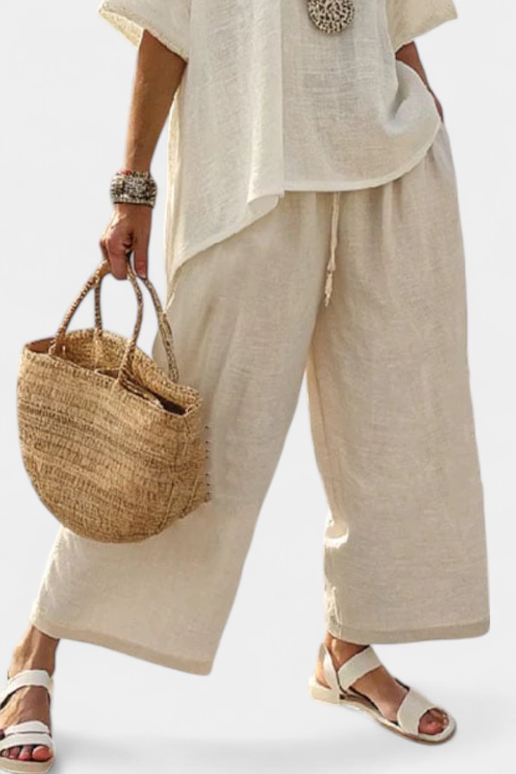 Women's Linen Asymmetric-Hem Wide-Leg Two-Piece Set