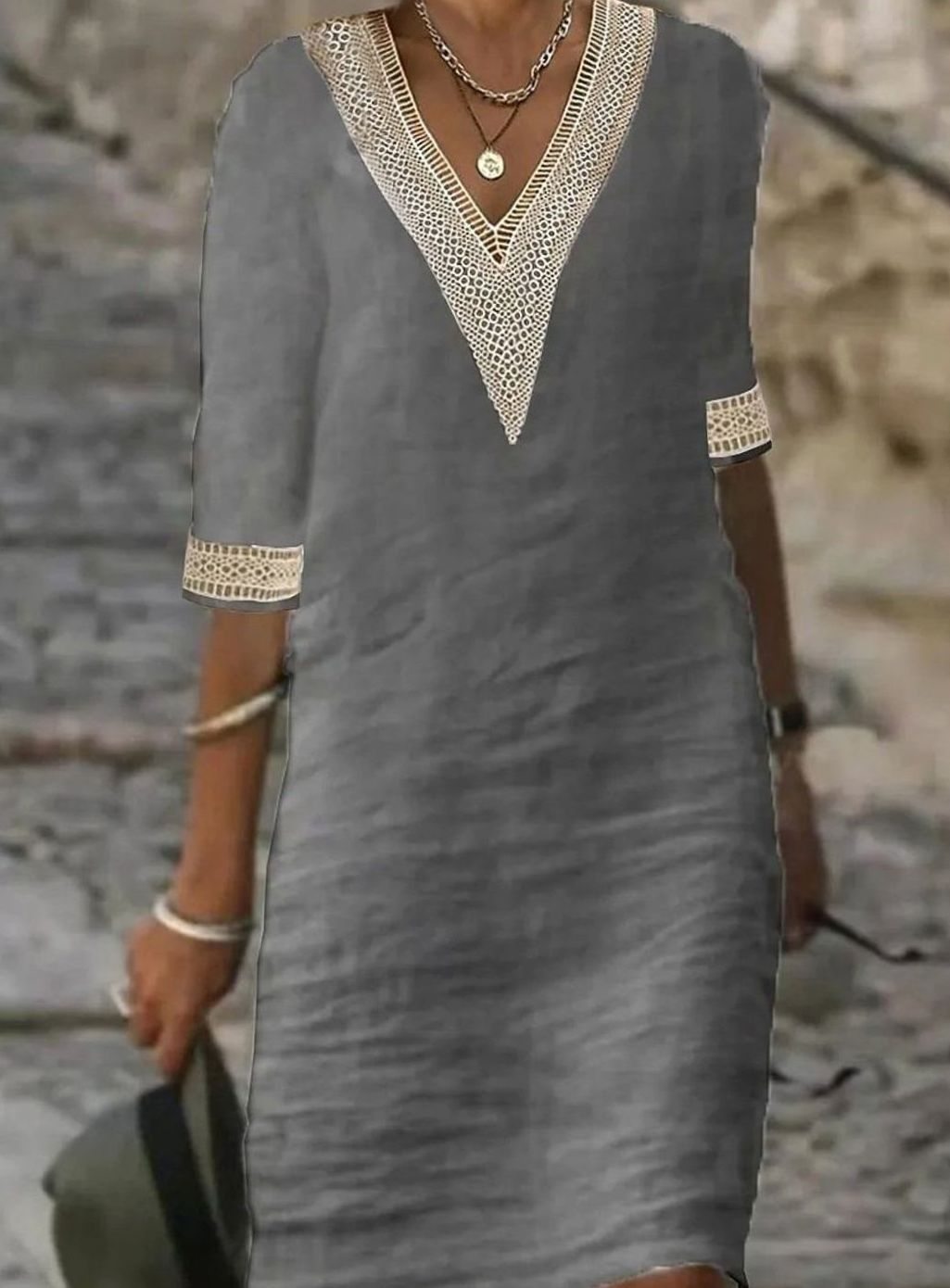 Women's Linen-Blend Lace Trim V-Neck Midi Dress - Gray