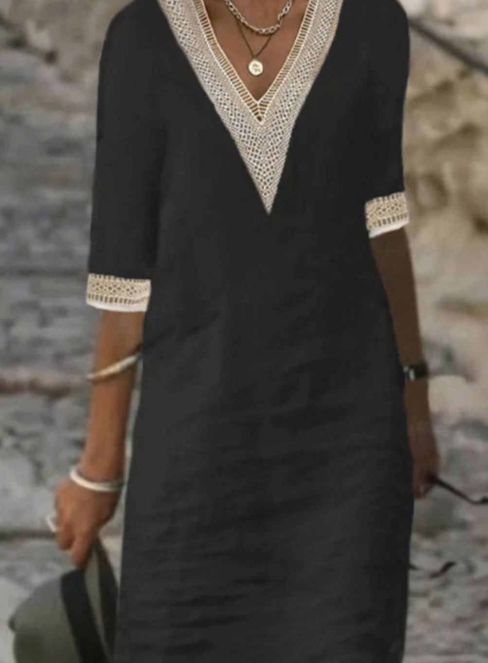 Women's Linen-Blend Lace Trim V-Neck Midi Dress - Black