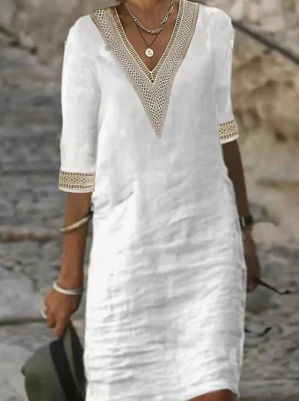 Women's Linen-Blend Lace Trim V-Neck Midi Dress - White