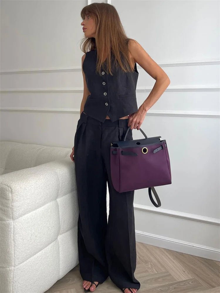 Women's Linen Blend Sleeveless Buttoned Vest Wide-Leg Trouser Set