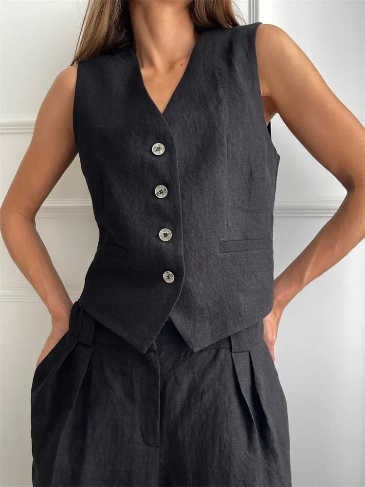 Women's Linen Blend Sleeveless Buttoned Vest Wide-Leg Trouser Set - Black
