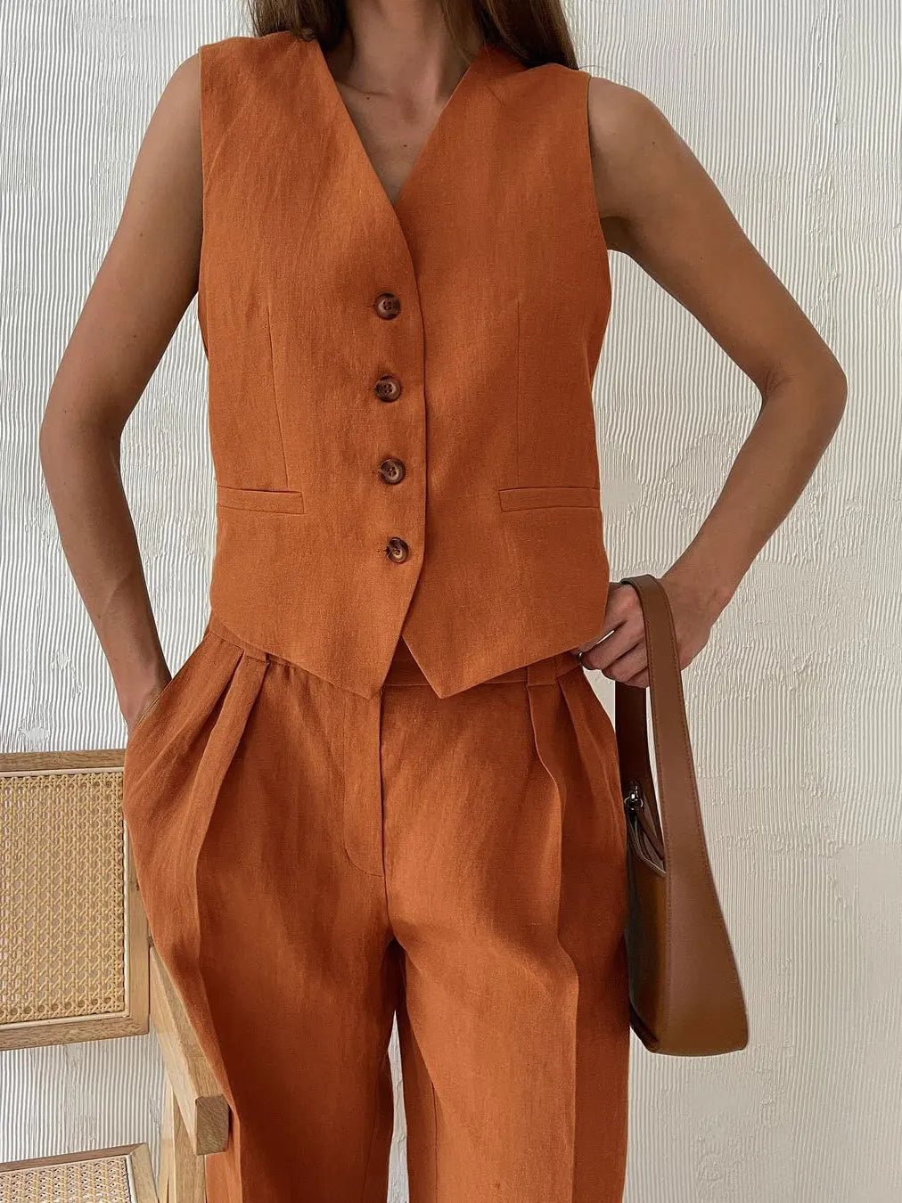 Women's Linen Blend Sleeveless Buttoned Vest Wide-Leg Trouser Set