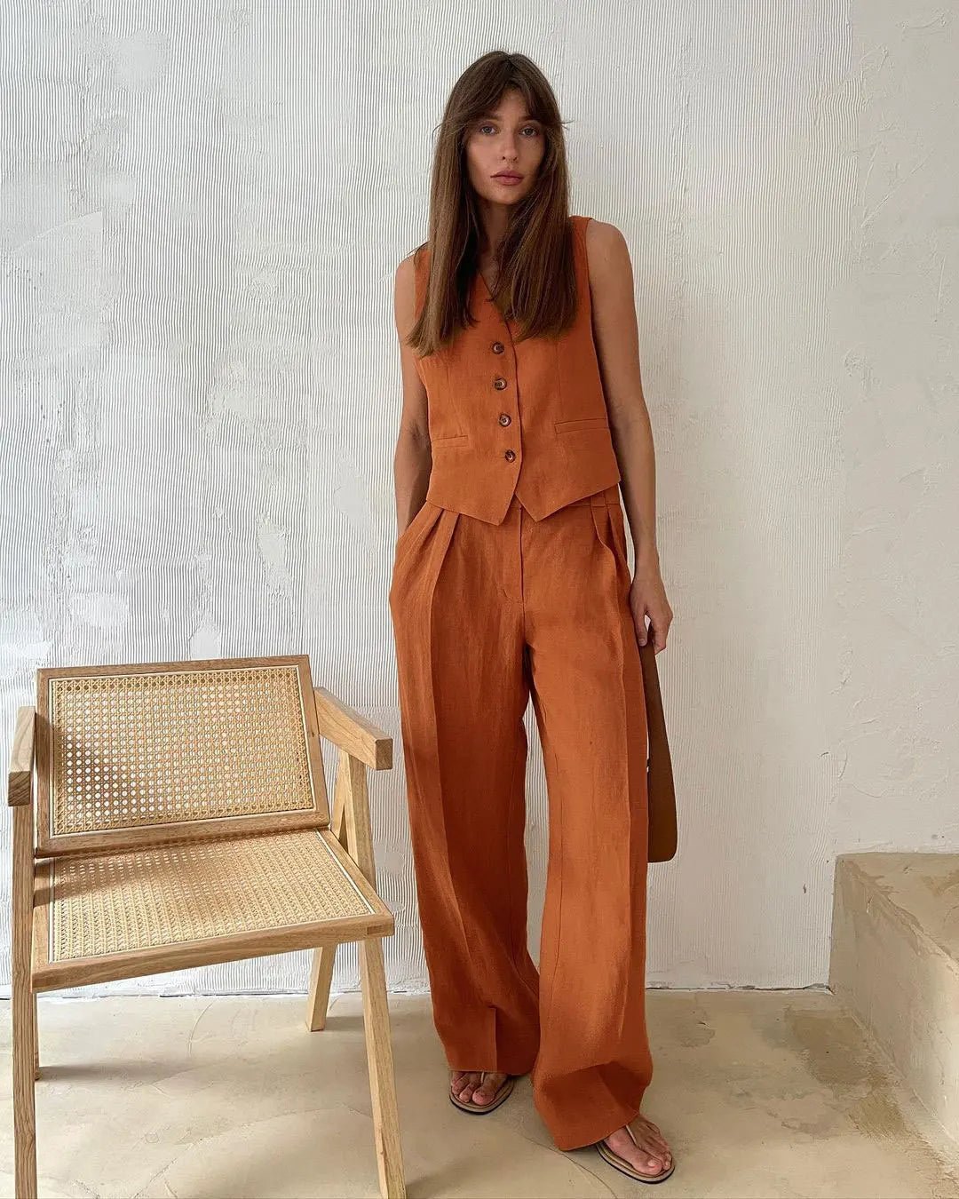 Women's Linen Blend Sleeveless Buttoned Vest Wide-Leg Trouser Set