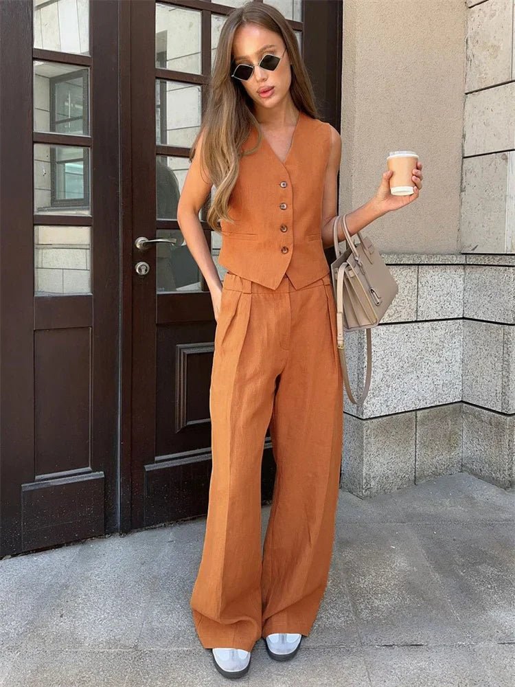 Women's Linen Blend Sleeveless Buttoned Vest Wide-Leg Trouser Set