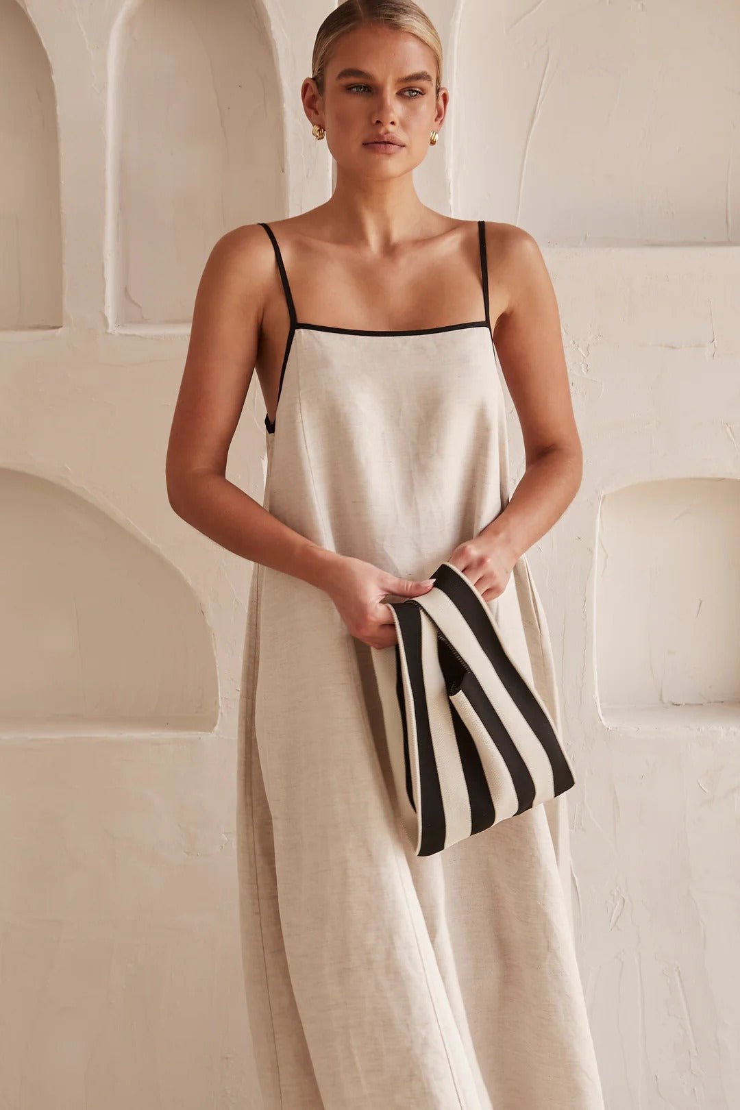 Women's Linen Contrast-Trim Adjustable-Strap Maxi Dress