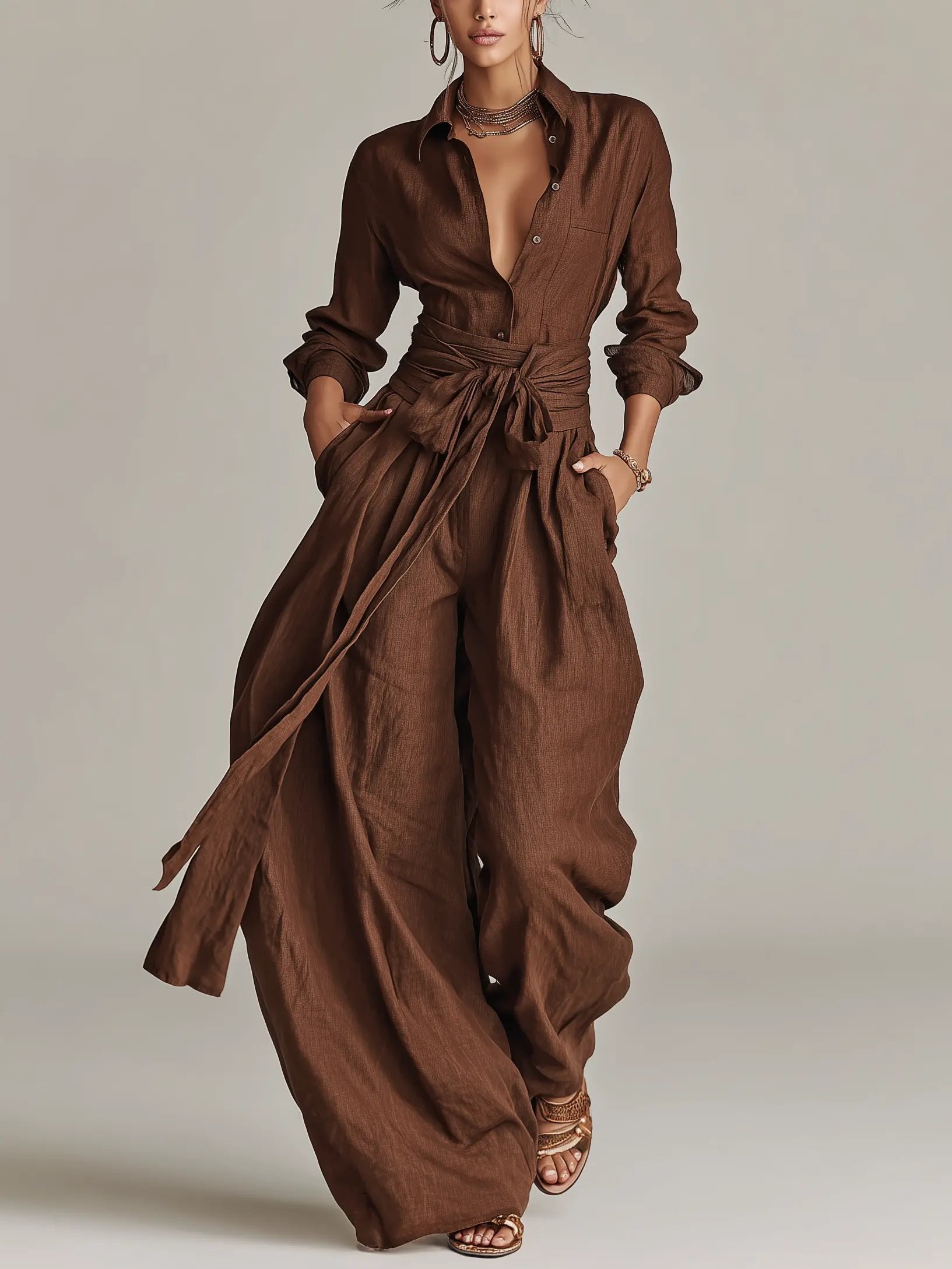 Women's Linen Cotton Long-Sleeve Belted Jumpsuit - Brown