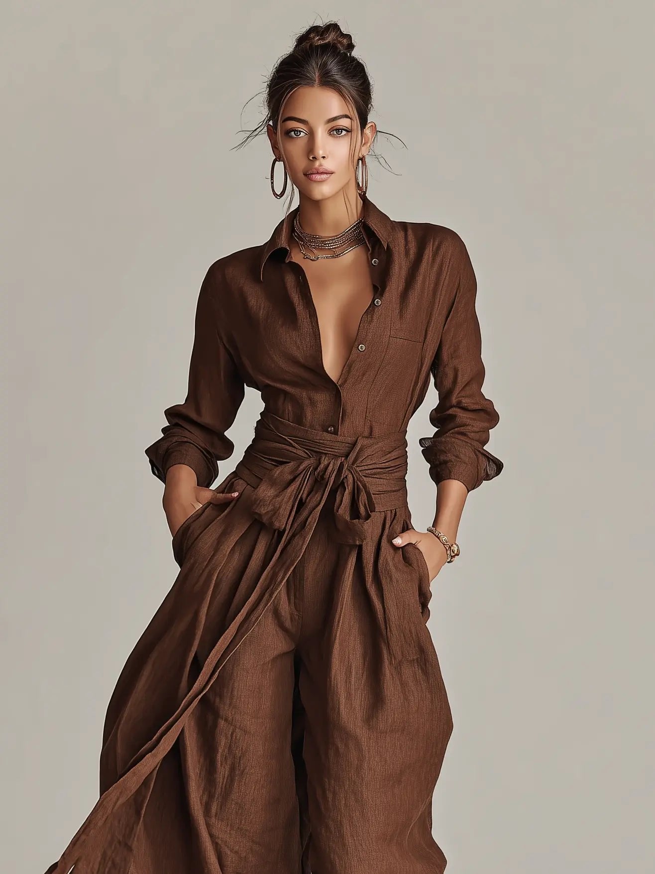 Women's Linen Cotton Long-Sleeve Belted Jumpsuit