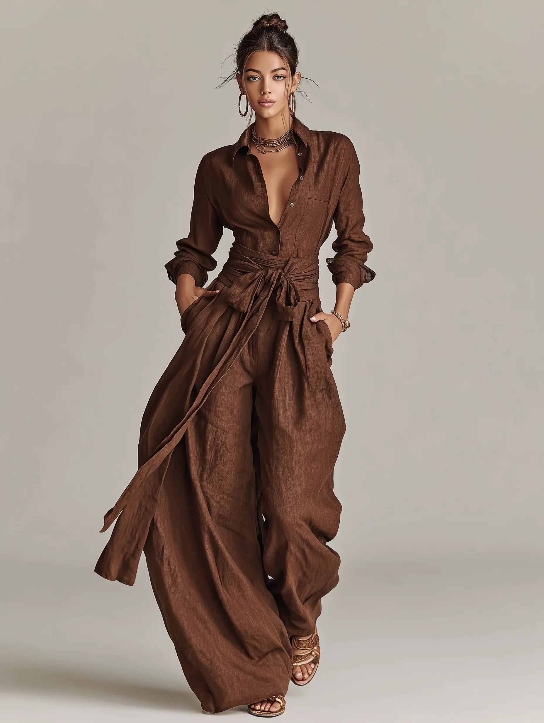 Women's Linen Cotton Long-Sleeve Belted Jumpsuit