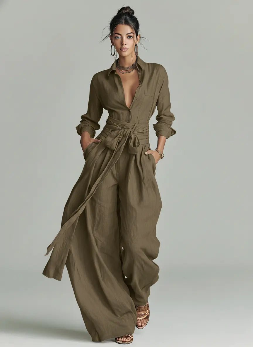 Women's Linen Cotton Long-Sleeve Belted Jumpsuit - Cold Brown