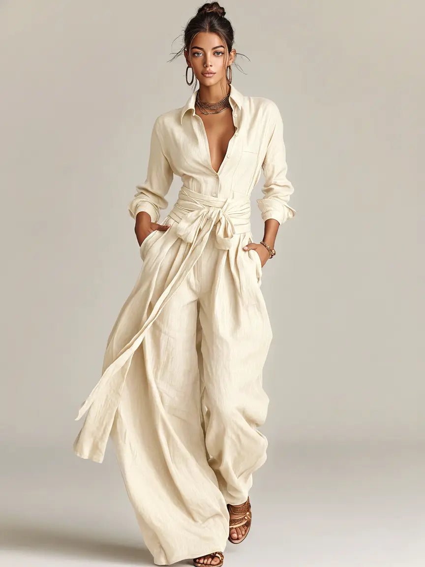 Women's Linen Cotton Long-Sleeve Belted Jumpsuit - White