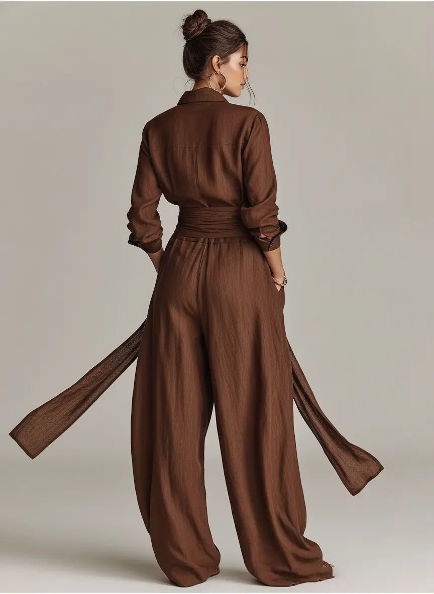 Women's Linen Cotton Long-Sleeve Belted Jumpsuit