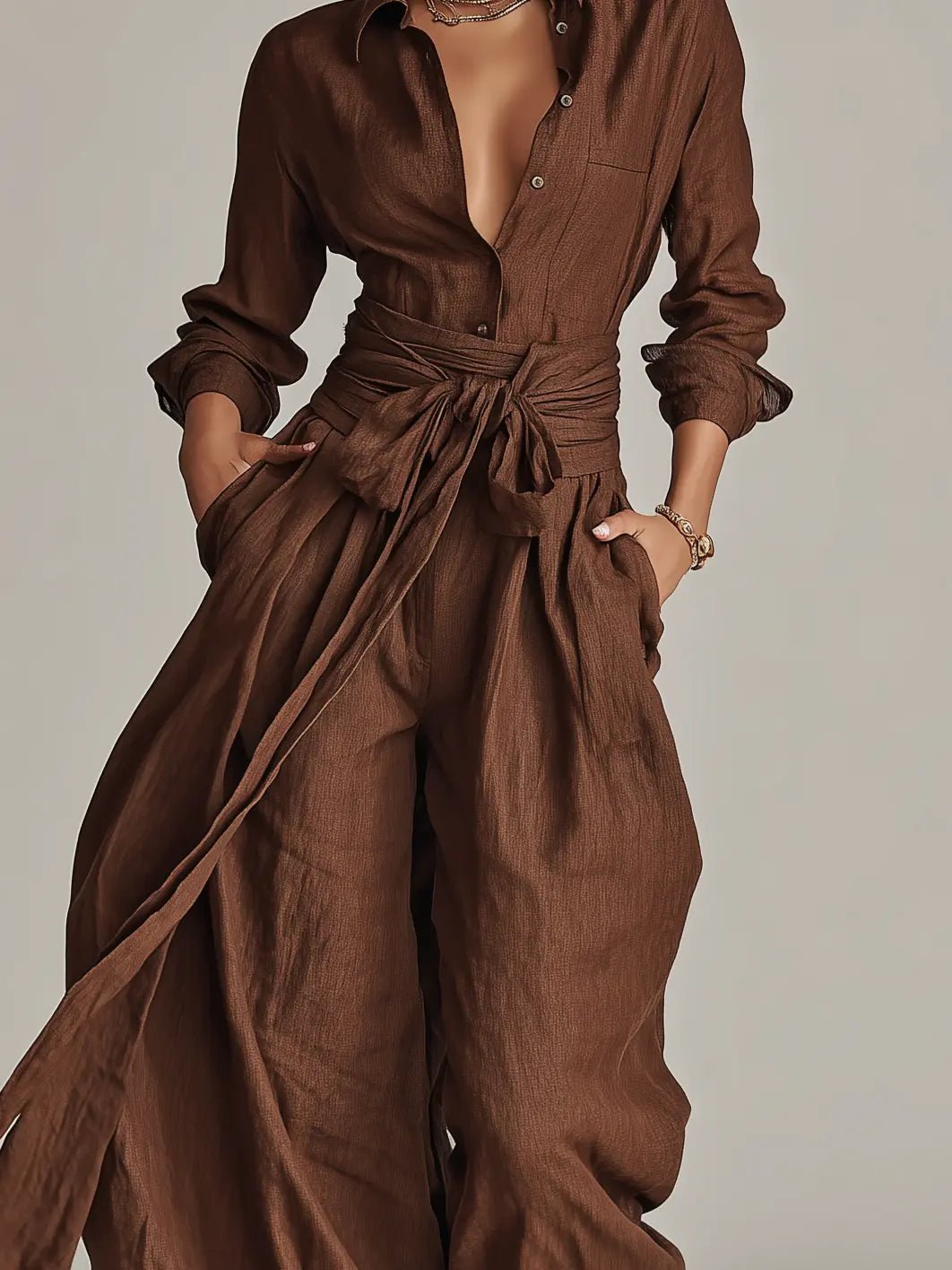 Women's Linen Cotton Long-Sleeve Belted Jumpsuit