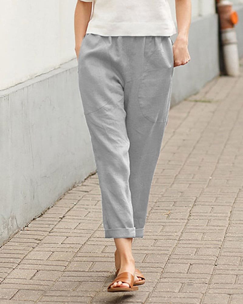 Women's Linen-Cotton Relaxed-Fit Tapered Harem Trousers - Gray
