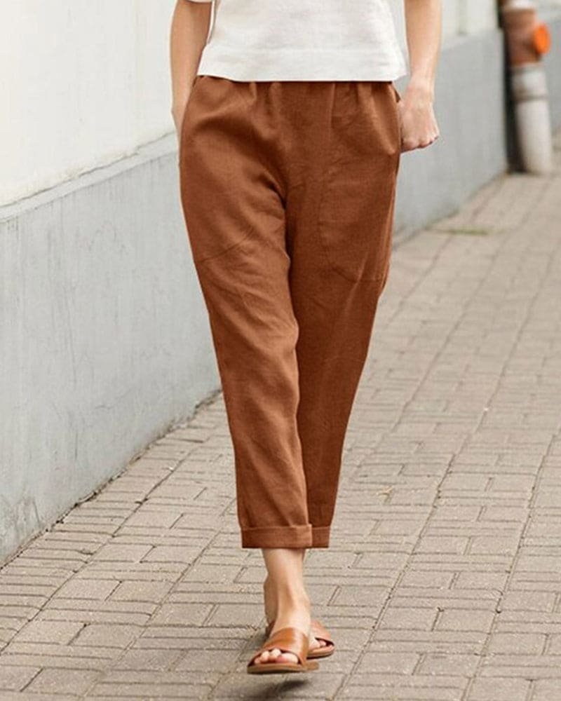 Women's Linen-Cotton Relaxed-Fit Tapered Harem Trousers - Brown