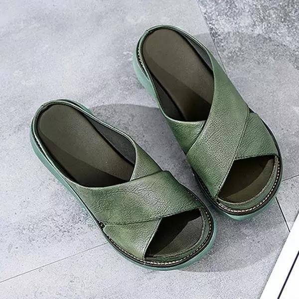 Women's Linen Cross-Strap Cushioned Flat Sandals - Green