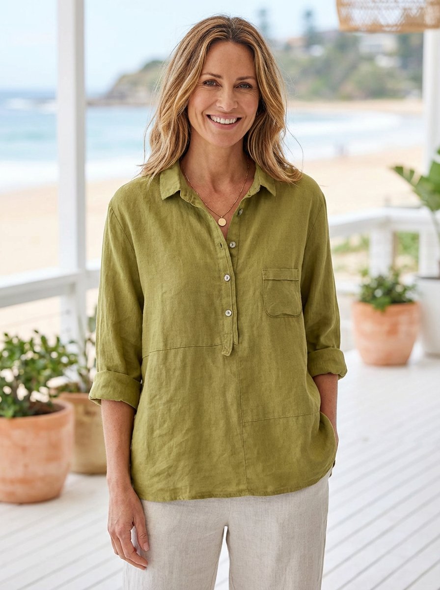 Women's Linen Long Sleeve Shirt Relaxed Fit Button Front