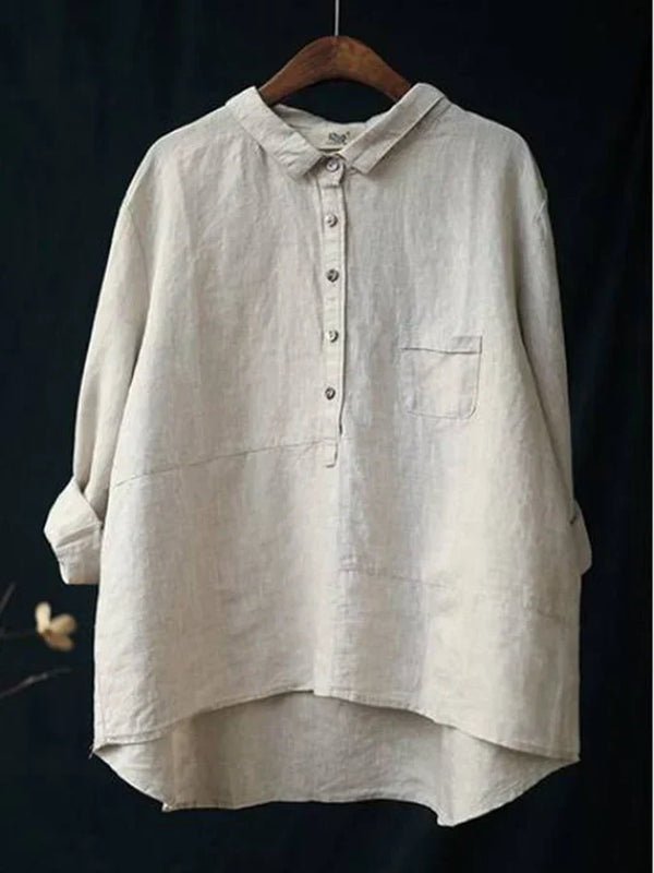 Women's Linen Long Sleeve Shirt Relaxed Fit Button Front - White