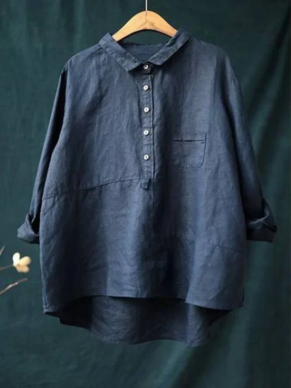 Women's Linen Long Sleeve Shirt Relaxed Fit Button Front - Navy blue