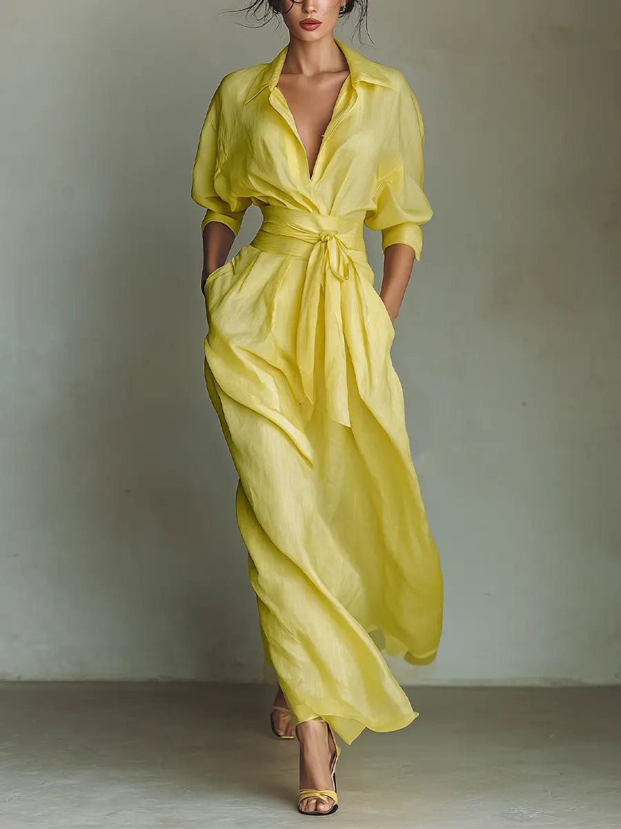 Women's Linen Maxi Shirt Dress Deep V-Neck Tie-Waist - Yellow