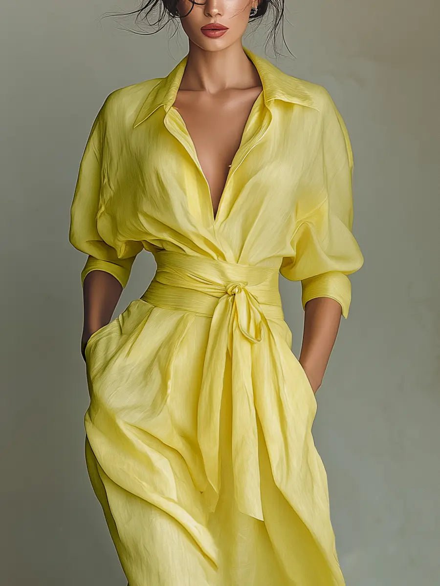 Women's Linen Maxi Shirt Dress Deep V-Neck Tie-Waist