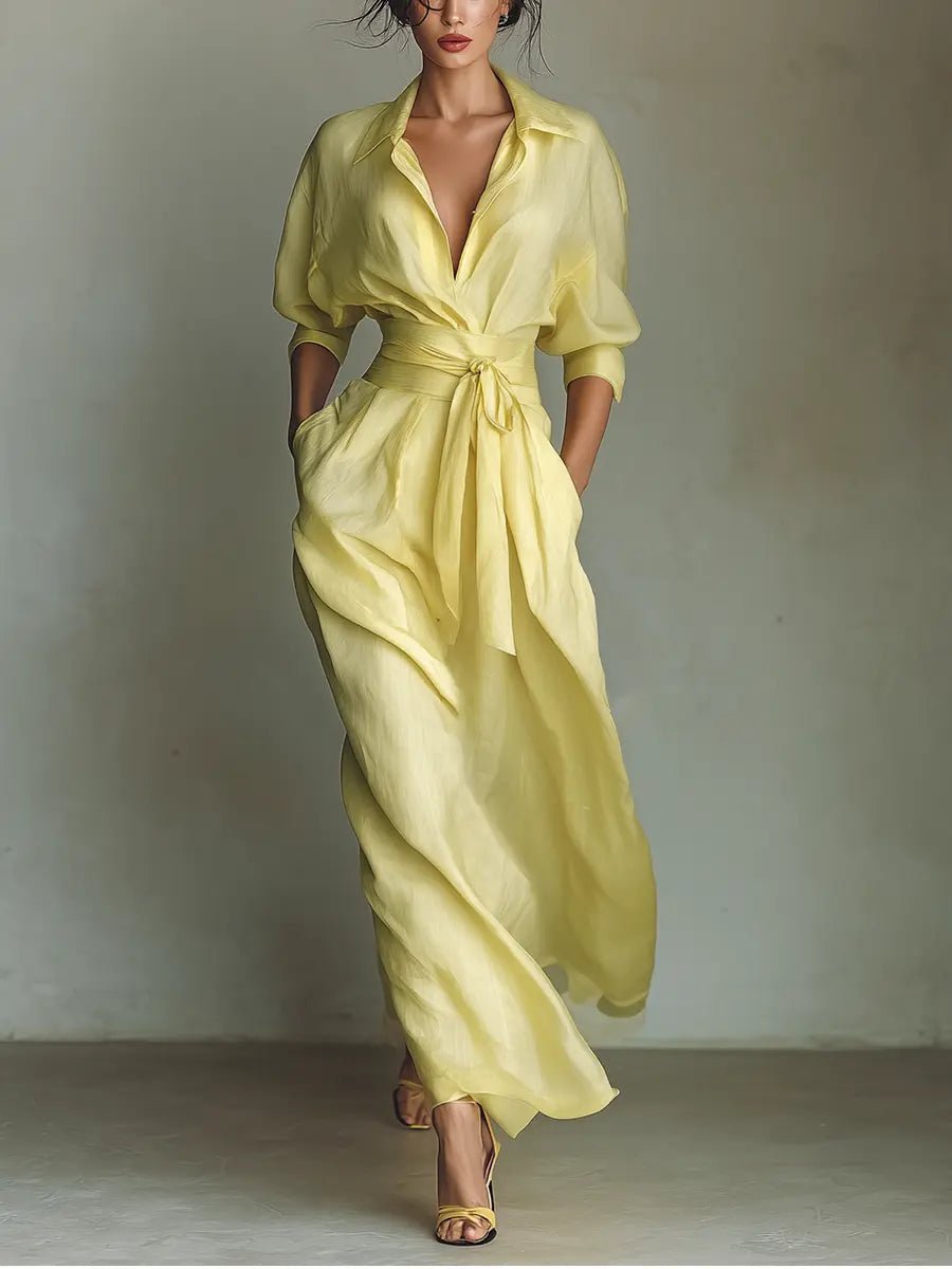 Women's Linen Maxi Shirt Dress Deep V-Neck Tie-Waist