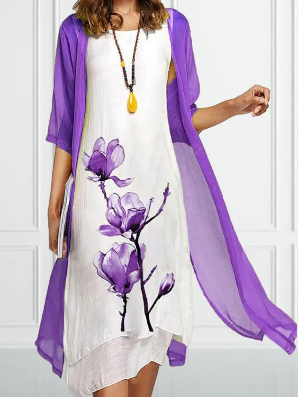 Women's Linen Midi Dress Chiffon Cardigan Two-Piece Set - Purple