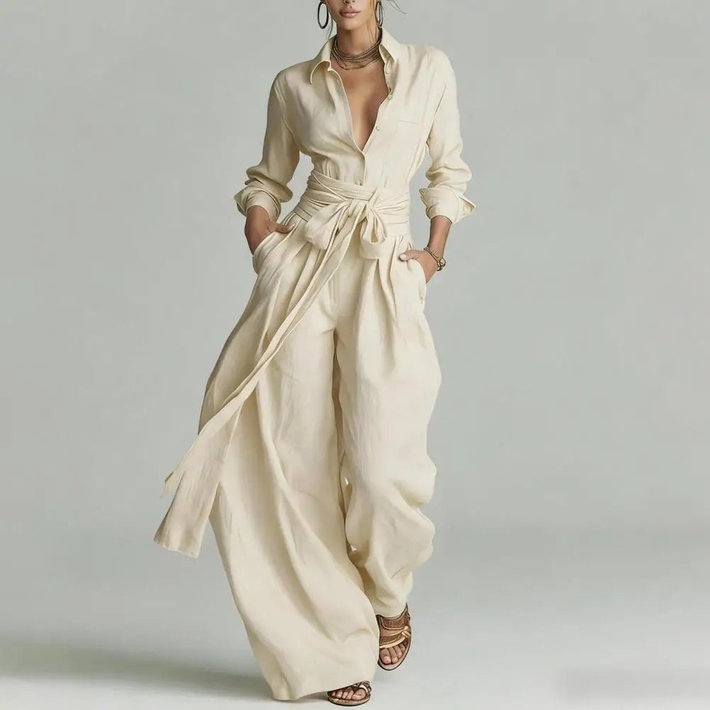 Women's Linen Open-Collar High-Rise Wide-Leg Co-Ord Set - Apricot