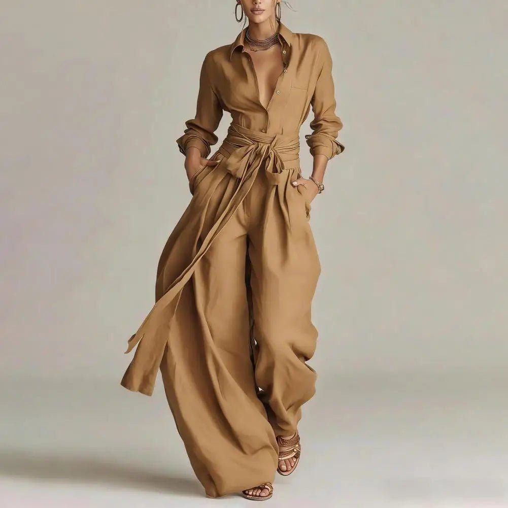 Women's Linen Open-Collar High-Rise Wide-Leg Co-Ord Set - Khaki