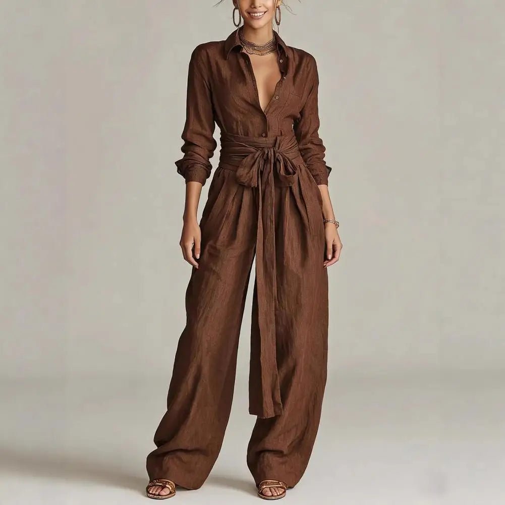 Women's Linen Open-Collar High-Rise Wide-Leg Co-Ord Set - Coffee