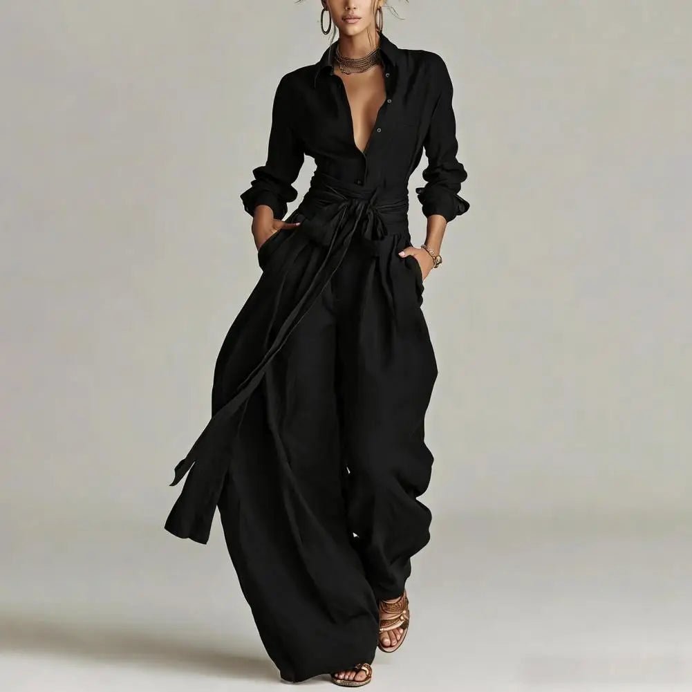 Women's Linen Open-Collar High-Rise Wide-Leg Co-Ord Set - Black