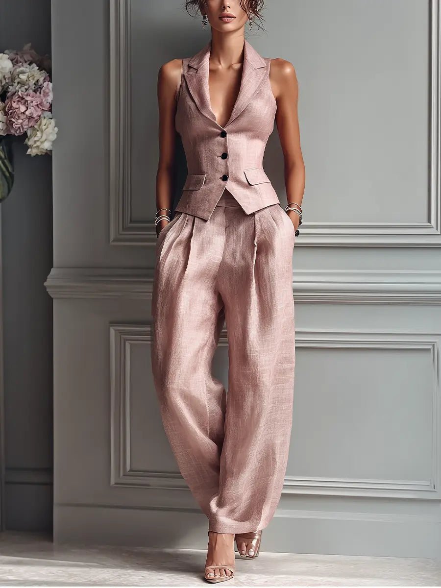 Women's Linen Tailored Waistcoat Wide Leg Pants Two-Piece Set - Light Pink