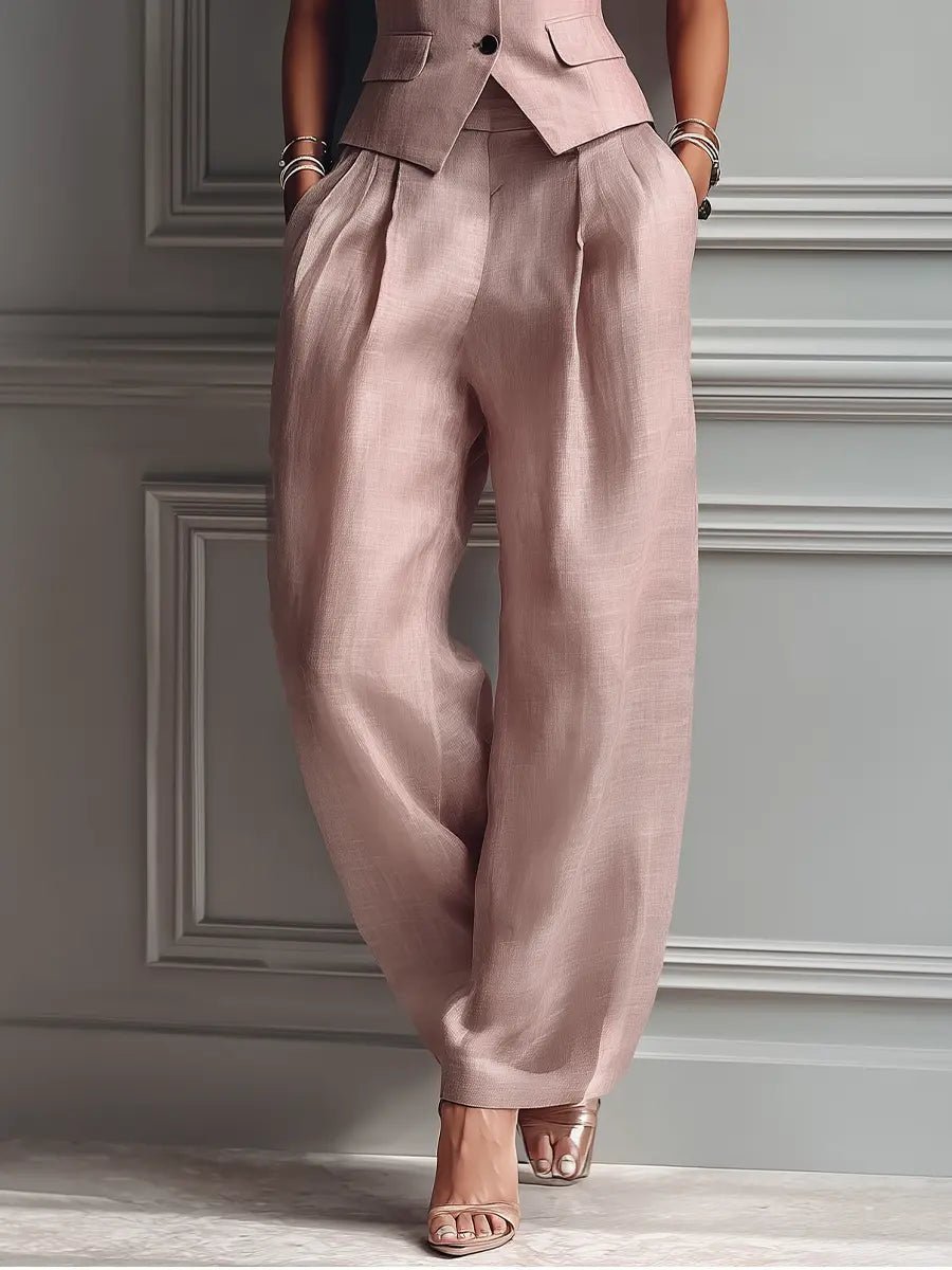 Women's Linen Tailored Waistcoat Wide Leg Pants Two-Piece Set