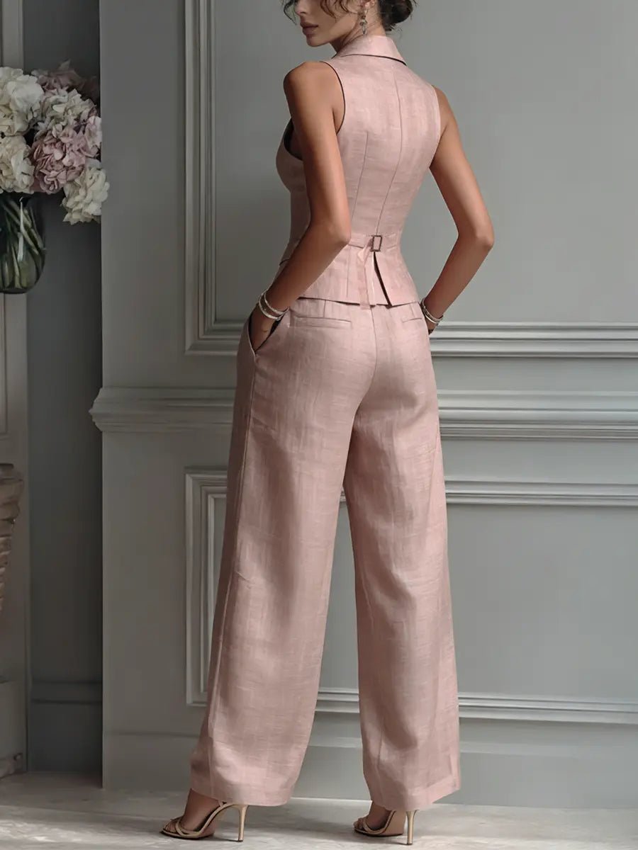 Women's Linen Tailored Waistcoat Wide Leg Pants Two-Piece Set