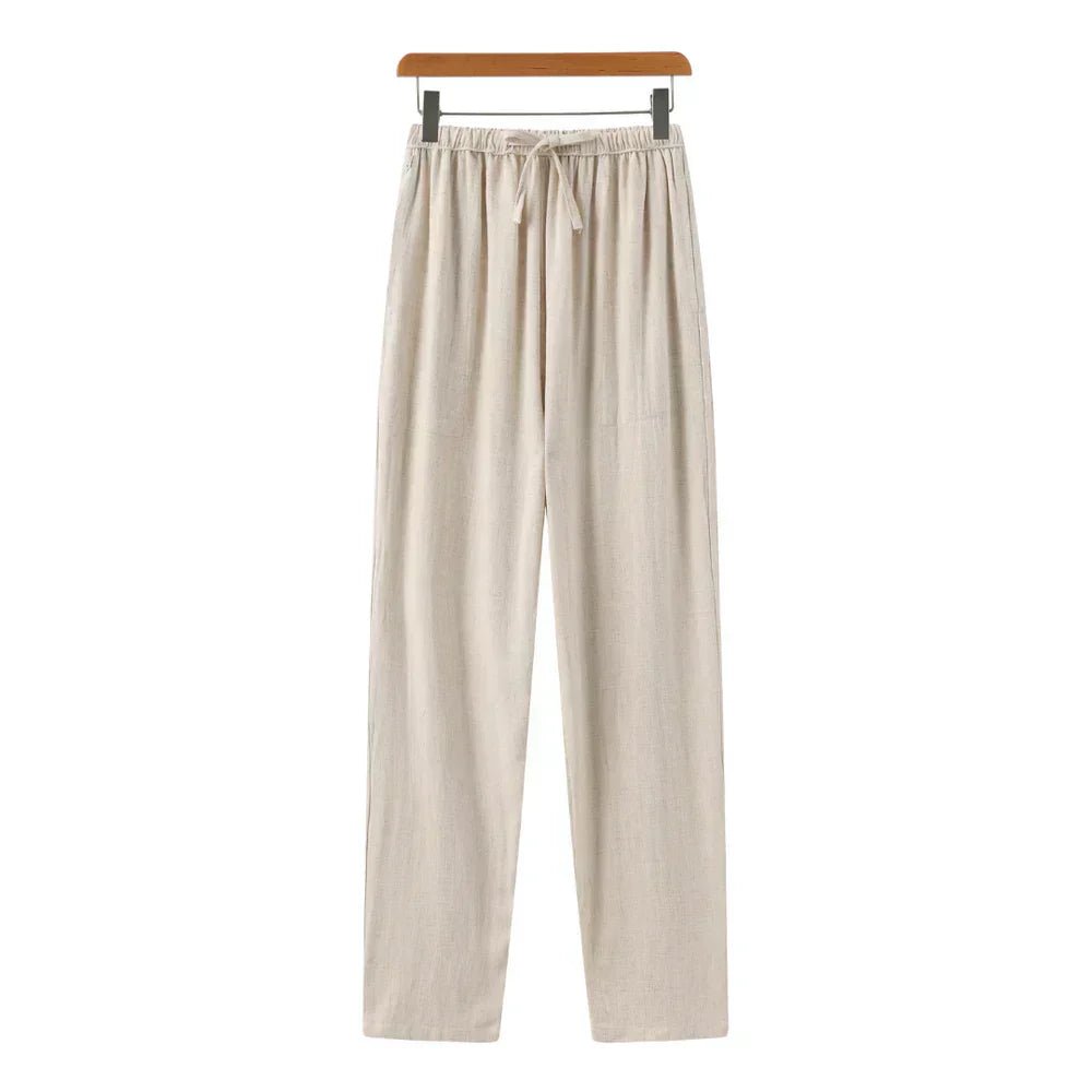 Women's Linen Trousers High-Waist Drawstring Casual - Beige
