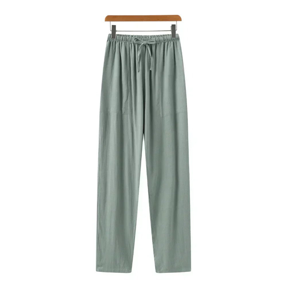 Women's Linen Trousers High-Waist Drawstring Casual - Green