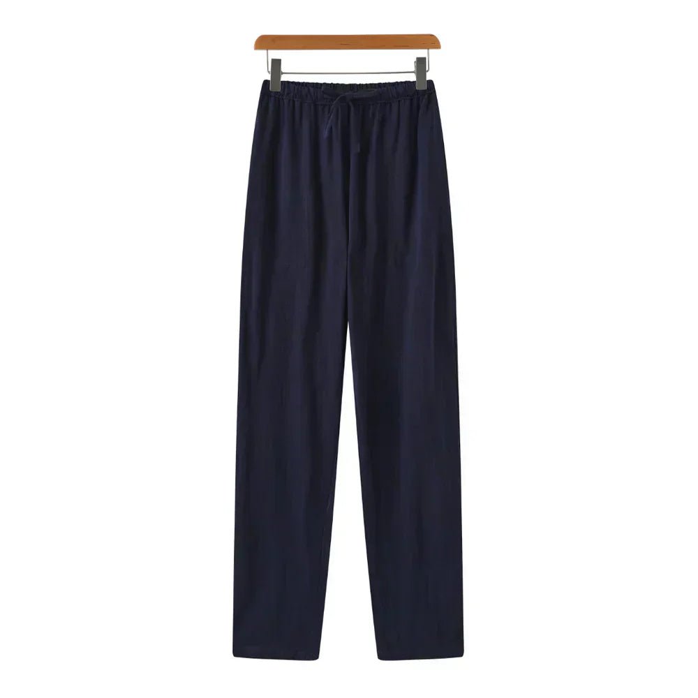 Women's Linen Trousers High-Waist Drawstring Casual - Blue