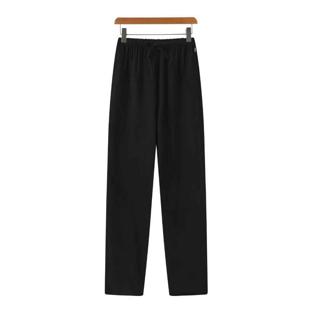 Women's Linen Trousers High-Waist Drawstring Casual - Black