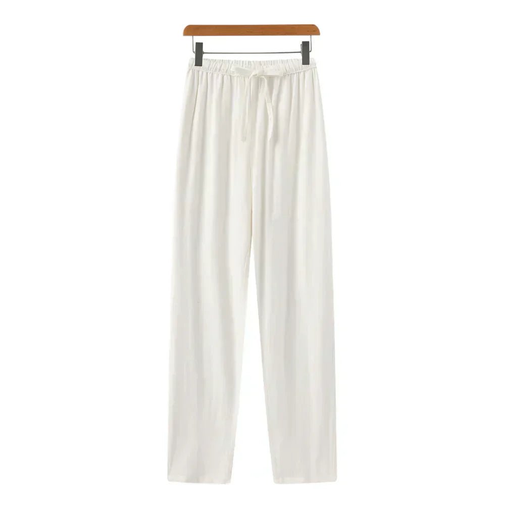 Women's Linen Trousers High-Waist Drawstring Casual - White