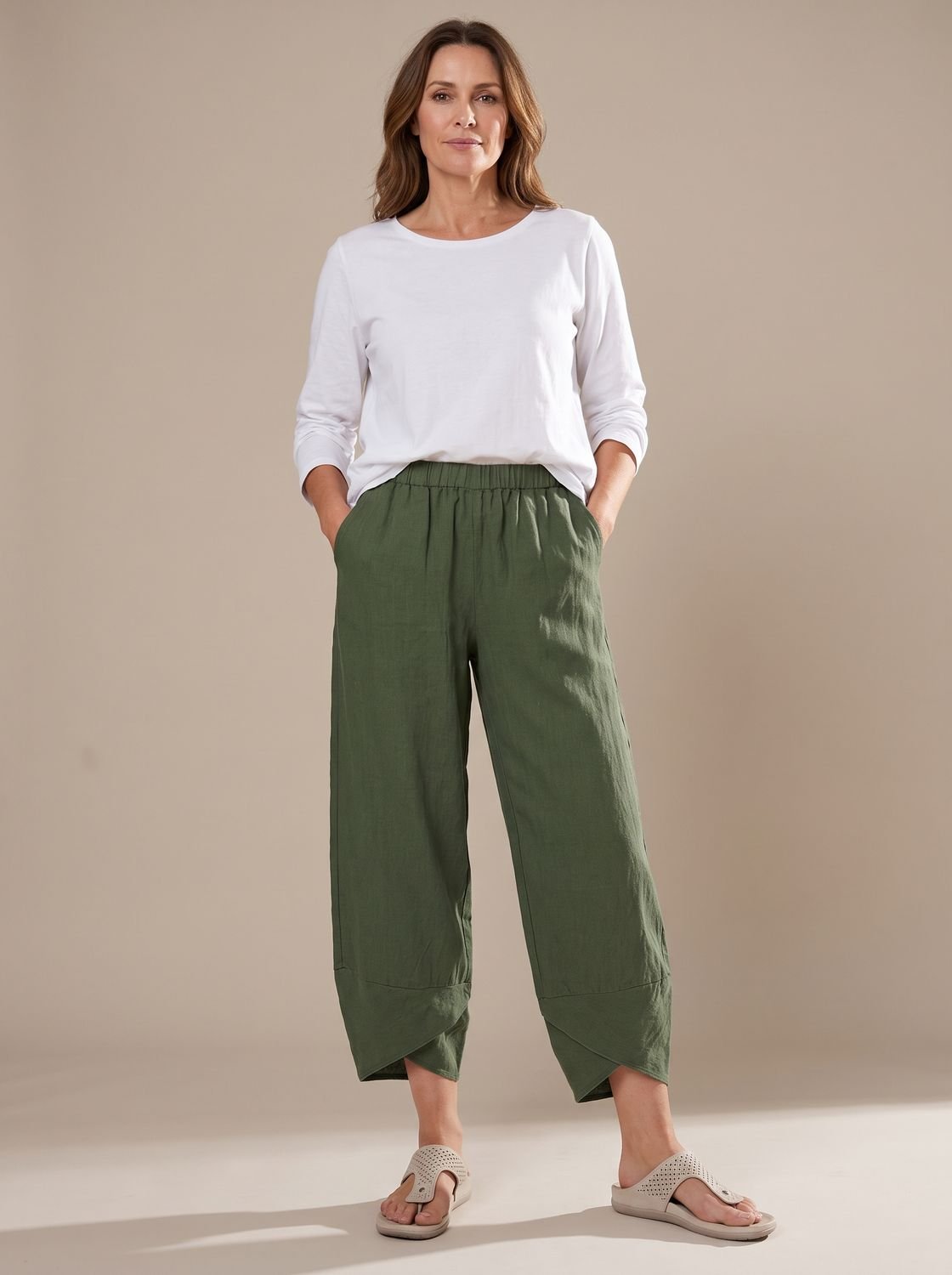 Women's Linen Trousers Relaxed-Fit Elastic Waist Cropped Pants