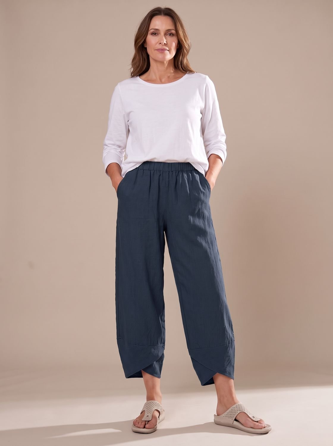 Women's Linen Trousers Relaxed-Fit Elastic Waist Cropped Pants - Blue
