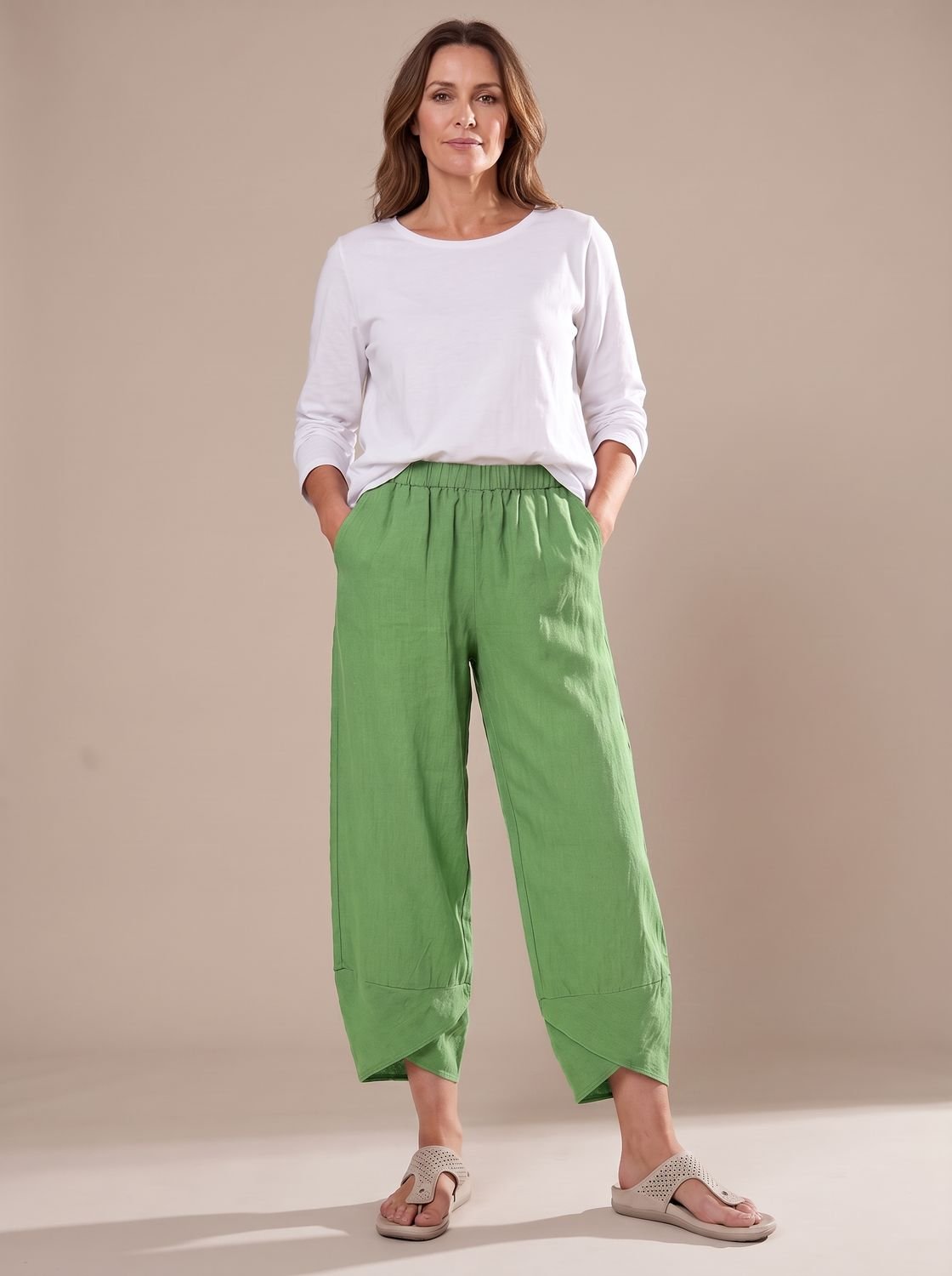 Women's Linen Trousers Relaxed-Fit Elastic Waist Cropped Pants - Green