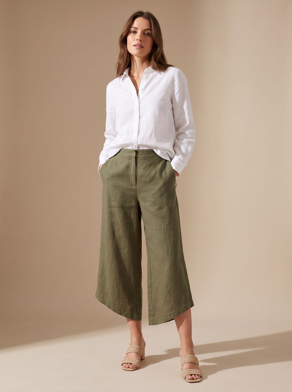Women's Linen Trousers Relaxed-Fit Elastic Waist Cropped Pants - Dark Green