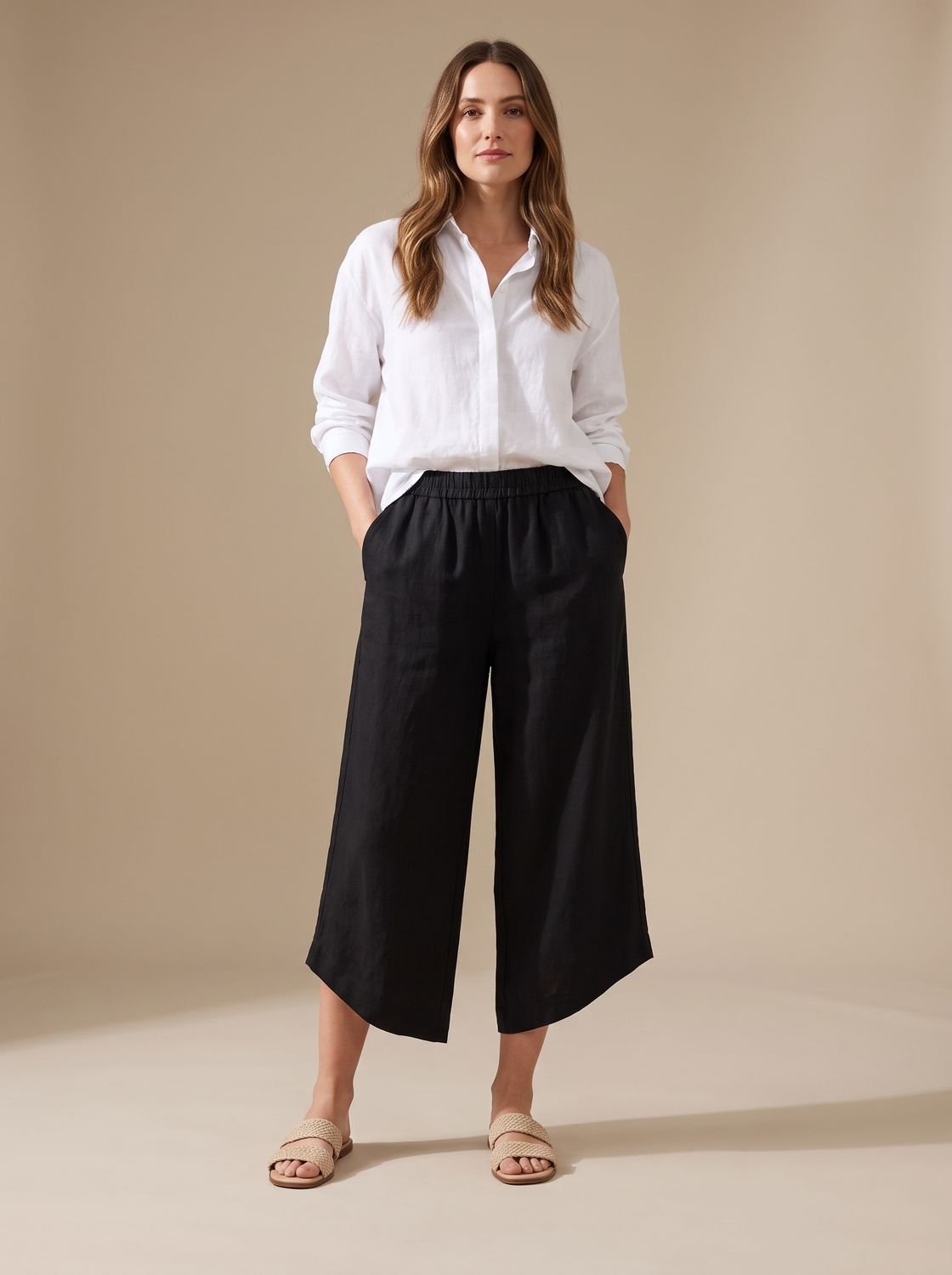 Women's Linen Trousers Relaxed-Fit Elastic Waist Cropped Pants