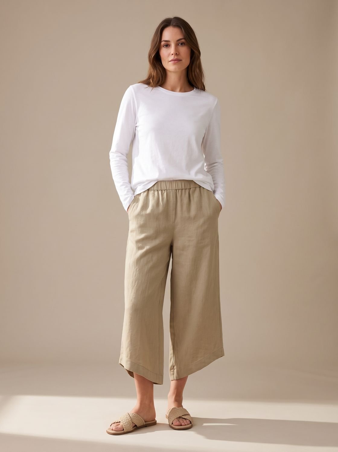 Women's Linen Trousers Relaxed-Fit Elastic Waist Cropped Pants - Khaki